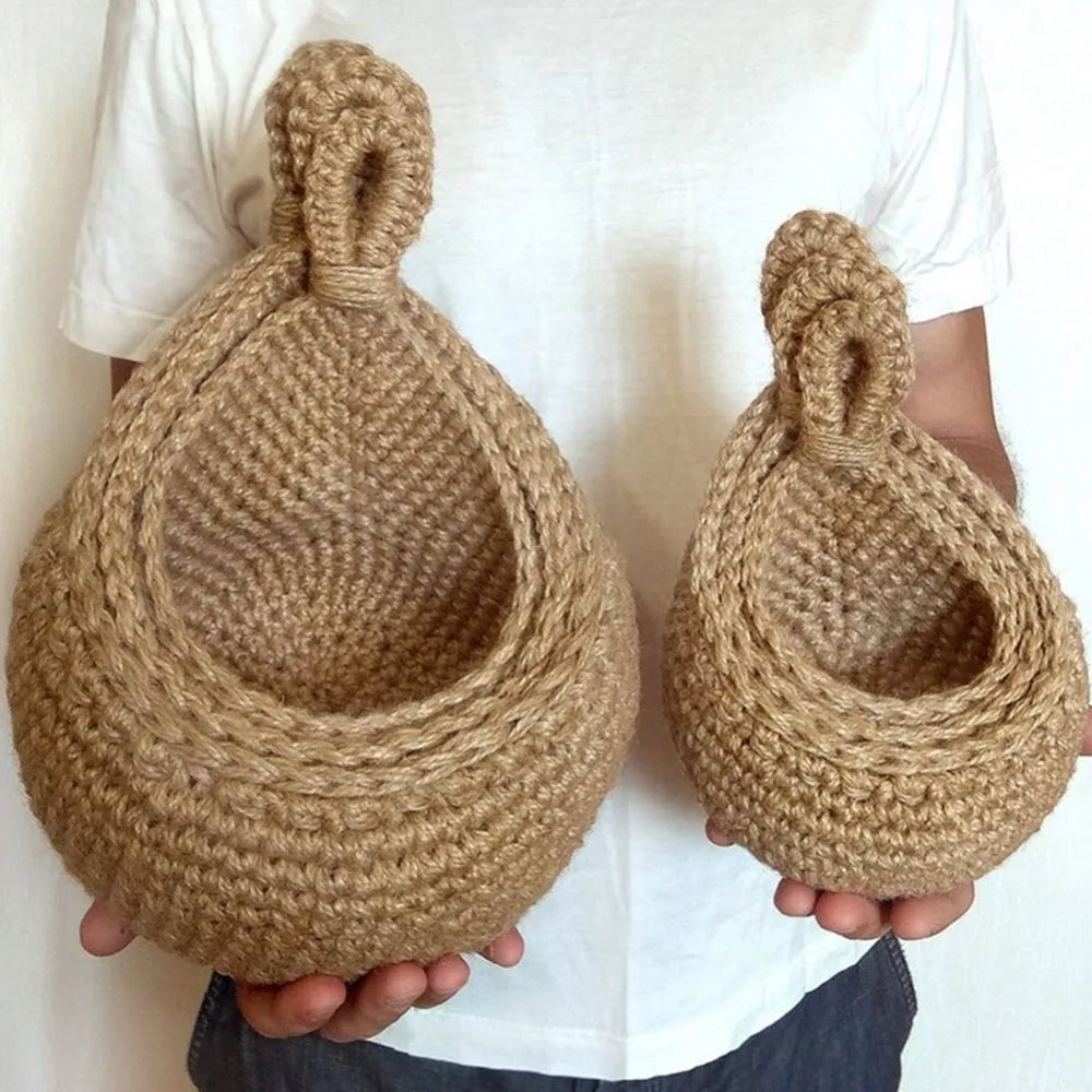 Wall Hanging Fruit Vegetable Basket Natural Jute Woven Teardrop Plant Basket Kitchen Table Wall-Mounted Storage Basket Container