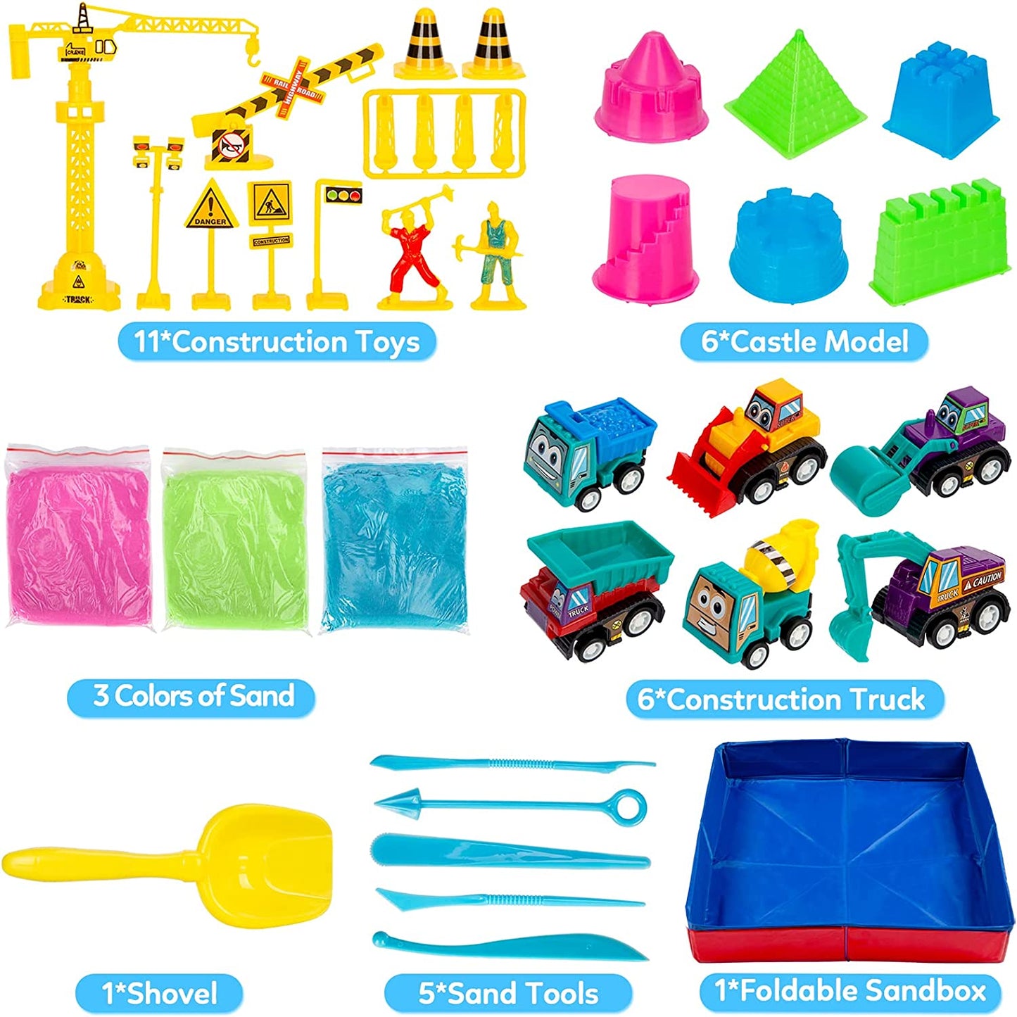 43-Piece Sand Toys Set for Kids - 3lbs Sand, 6 Mini Construction Trucks, Tools, and Molds - Portable Storage Bin and Foldable Box - Construction-themed Fun for Boys and Girls