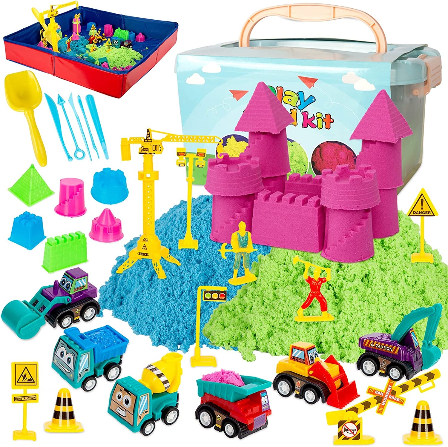 43-Piece Sand Toys Set for Kids - 3lbs Sand, 6 Mini Construction Trucks, Tools, and Molds - Portable Storage Bin and Foldable Box - Construction-themed Fun for Boys and Girls