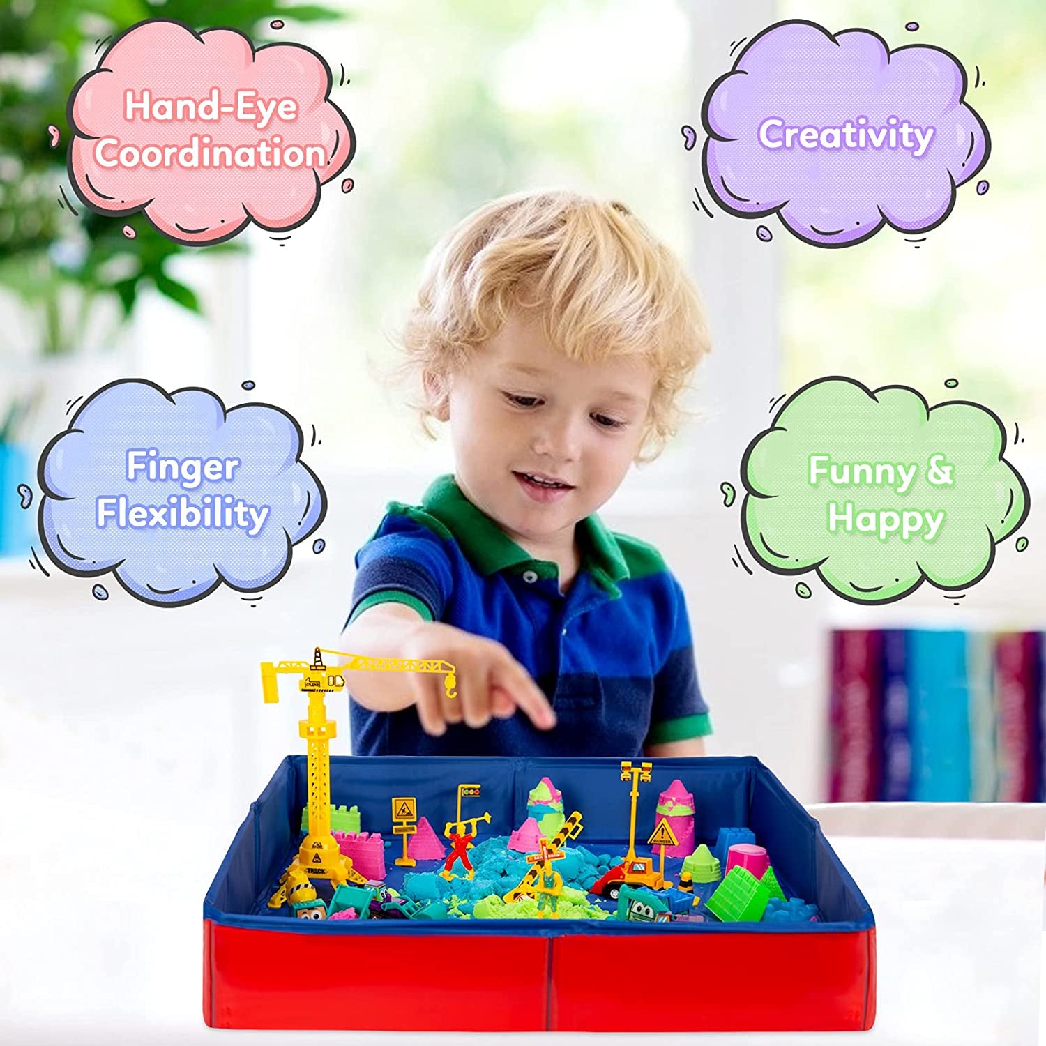 43-Piece Sand Toys Set for Kids - 3lbs Sand, 6 Mini Construction Trucks, Tools, and Molds - Portable Storage Bin and Foldable Box - Construction-themed Fun for Boys and Girls