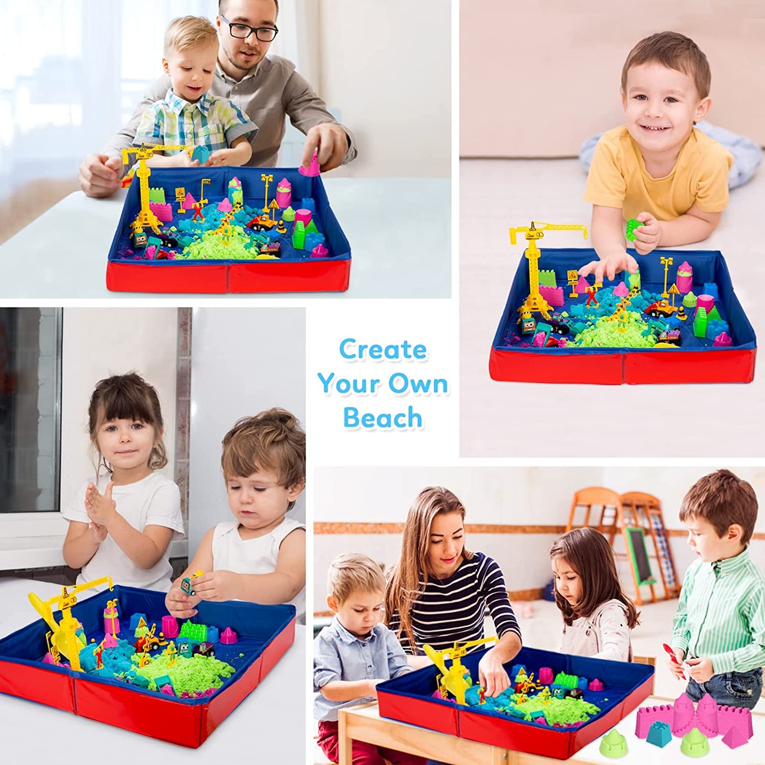 43-Piece Sand Toys Set for Kids - 3lbs Sand, 6 Mini Construction Trucks, Tools, and Molds - Portable Storage Bin and Foldable Box - Construction-themed Fun for Boys and Girls