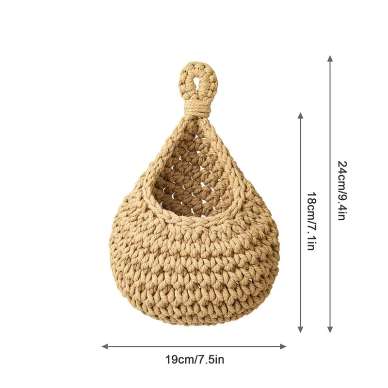 Wall Hanging Fruit Vegetable Basket Natural Jute Woven Teardrop Plant Basket Kitchen Table Wall-Mounted Storage Basket Container