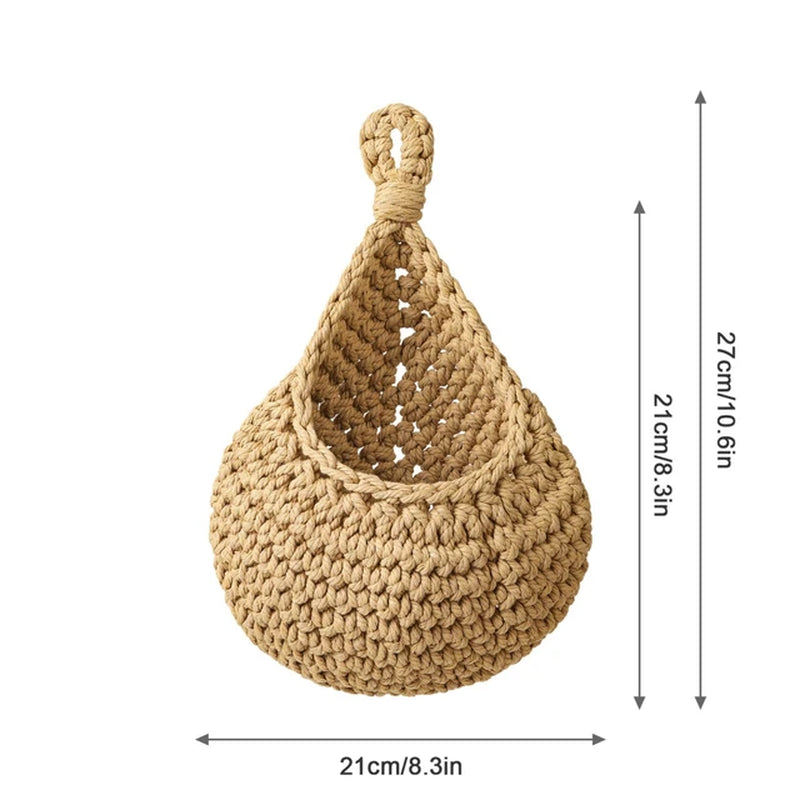 Wall Hanging Fruit Vegetable Basket Natural Jute Woven Teardrop Plant Basket Kitchen Table Wall-Mounted Storage Basket Container