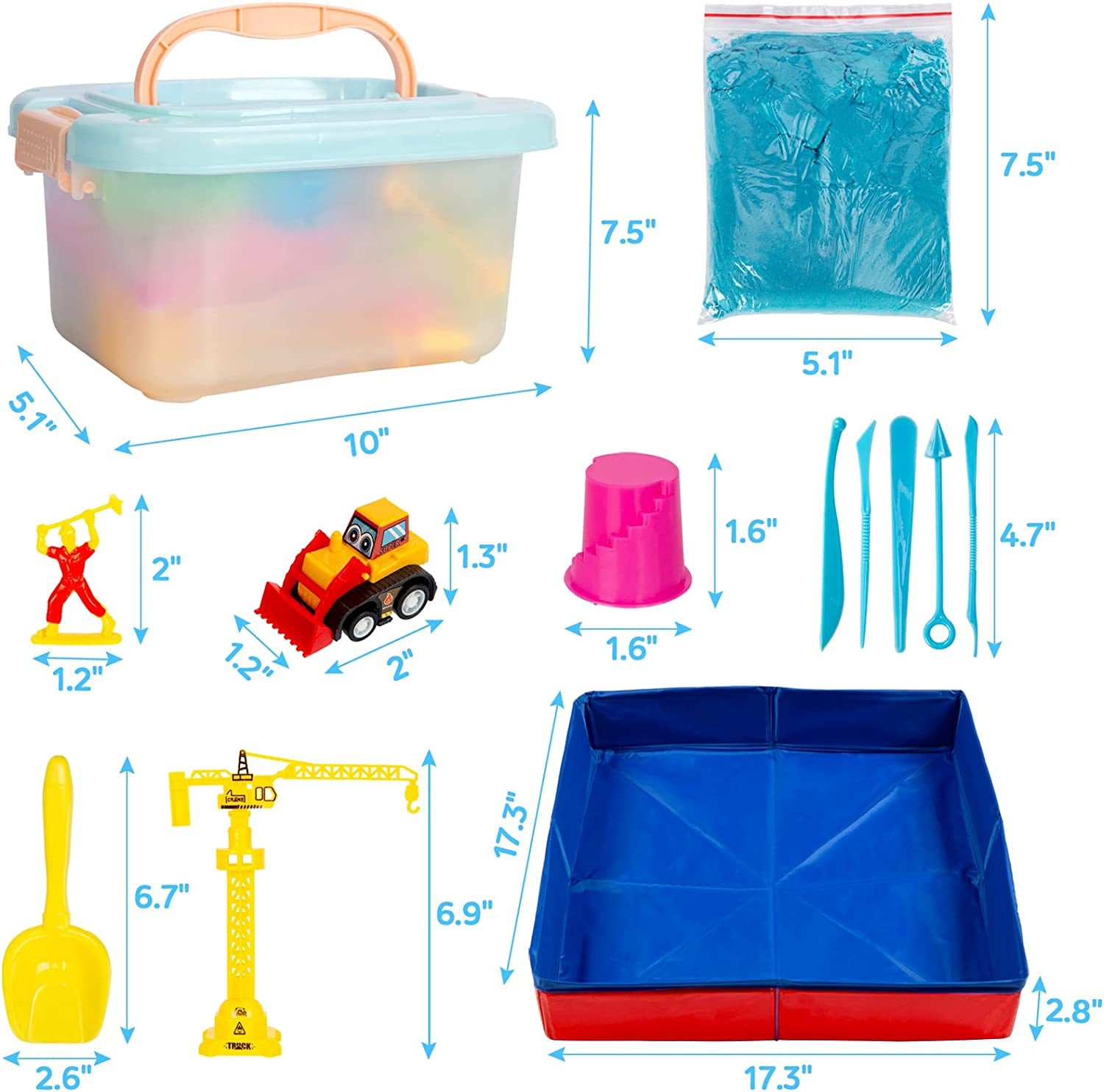 43-Piece Sand Toys Set for Kids - 3lbs Sand, 6 Mini Construction Trucks, Tools, and Molds - Portable Storage Bin and Foldable Box - Construction-themed Fun for Boys and Girls