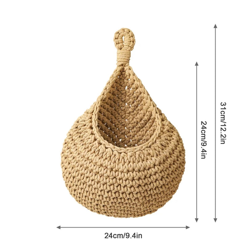 Wall Hanging Fruit Vegetable Basket Natural Jute Woven Teardrop Plant Basket Kitchen Table Wall-Mounted Storage Basket Container