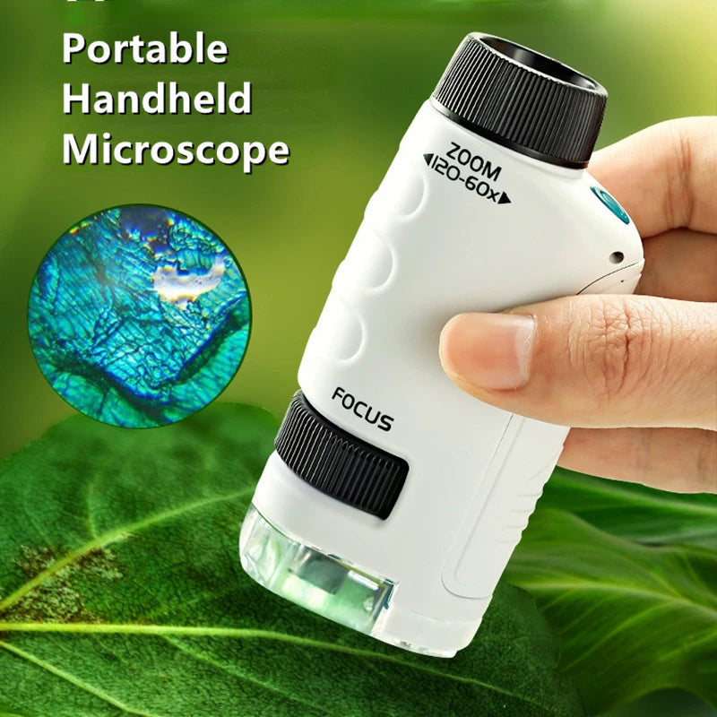 Educational Mini Handheld Microscope with LED Light Outdoor Children Stem Toy, Pocket Microscope Kids Science Toy Kit 60-120X